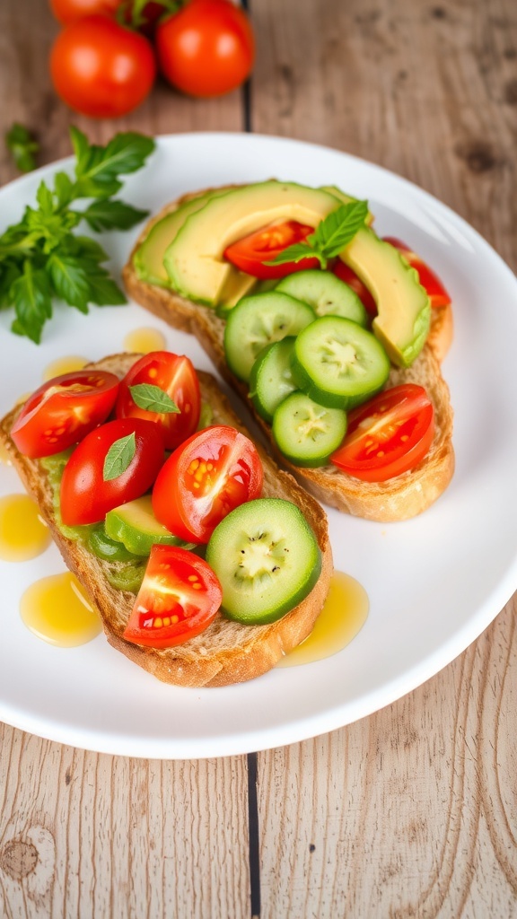 A plate of vegetable toast with tomatoes, cucumbers, and avocado on toasted bread, garnished with herbs.